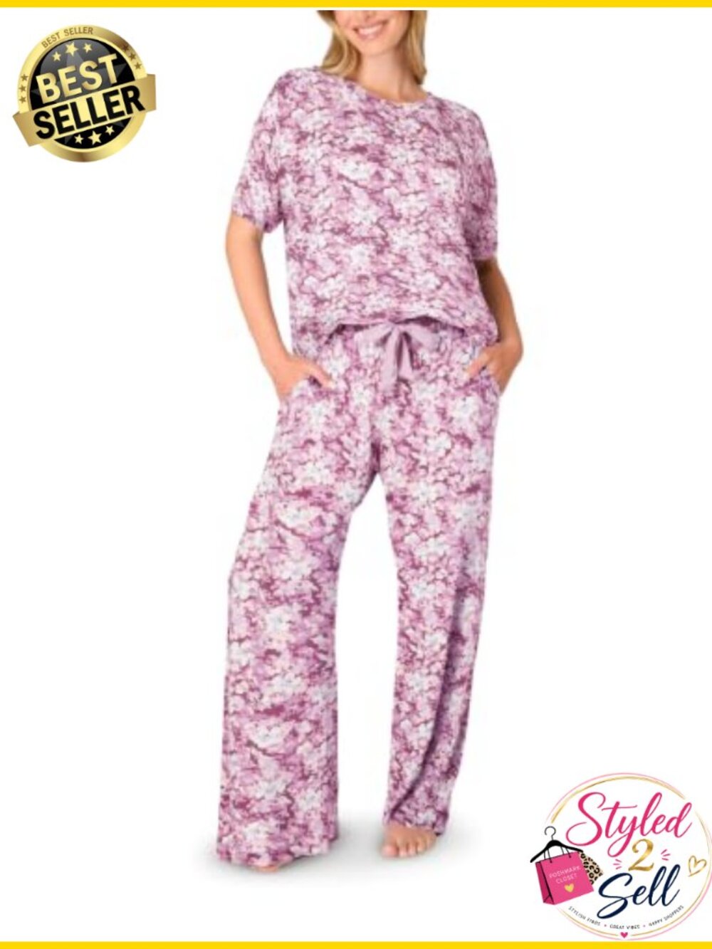 Women's Pajama Set Rayon Spandex Tee & Wide Leg Lounge Pants Pockets